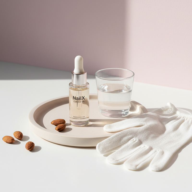 Minimalistisches Still-life mit NailX Cuticle Oil auf beige Keramikschale, Mandeln, Glas Wasser und Baumwollhandschuh auf weißem Tisch – Nägel stärken