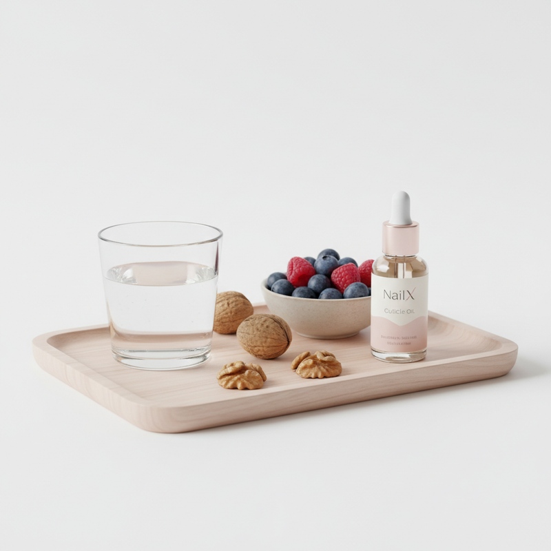Nahaufnahme: helles Holztablett mit Glas Wasser, Walnüssen, Schale Beeren und NailX Cuticle Oil – minimalistisch, Pastell, nägel stärken Ernährung