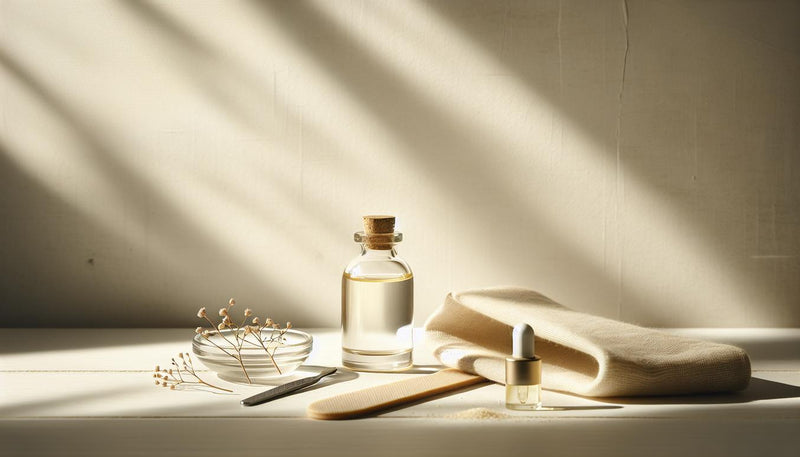 Nahaufnahme: Holzteller mit Jojobaölflakon, Nagelöl-Dropper, weichem Leinentuch und Glasfeile in heller, minimalistischer NailX-Ästhetik – Nägel stärken.