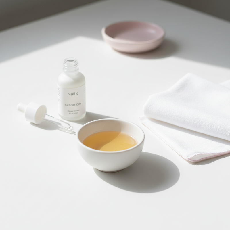 Minimale Wellness-Szene mit NailX Cuticle Oil, Schale mit lauwarmem Öl und Baumwolltuch auf weißem Tisch – Nägel stärken natürlich
