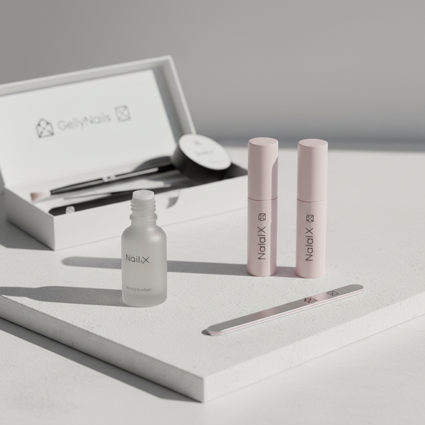 Nahaufnahme minimalistischer NailX-Produktkomposition auf weißer Oberfläche mit Nagelöl, UV‑Gel‑Fläschchen und offenem GellyNails-Kit – Nägel stärken natürlich