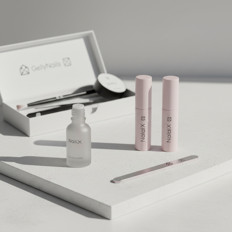 Nahaufnahme minimalistischer NailX-Produktkomposition auf weißer Oberfläche mit Nagelöl, UV‑Gel‑Fläschchen und offenem GellyNails-Kit – Nägel stärken natürlich