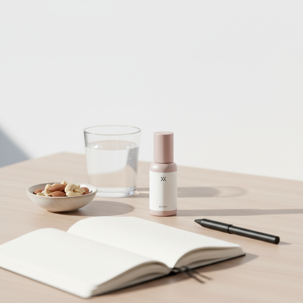 Nahaufnahme einer minimalistischen Pflegeroutine mit Nagelöl, Glas Wasser, Schale Nüsse und Notizbuch auf hellem Holz – Tipps Nägel stärken.