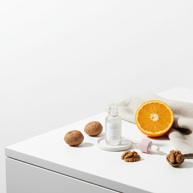 Weißer Tisch mit offenem NailX-Serum, Walnüssen, halbierter Orange und Leinenserviette – natürliche Zutaten zur Unterstützung, Nägel stärken.