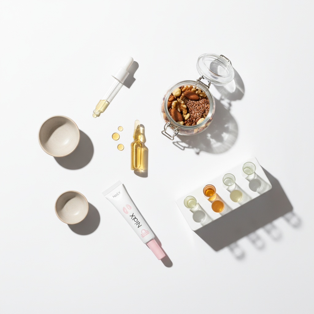 Flatlay mit Ampulle, Nuss- und Samen-Glas, Reagenzglas-Ständer und NailX-Nagelöl-Tube auf weißem Hintergrund – Nägel stärken von innen