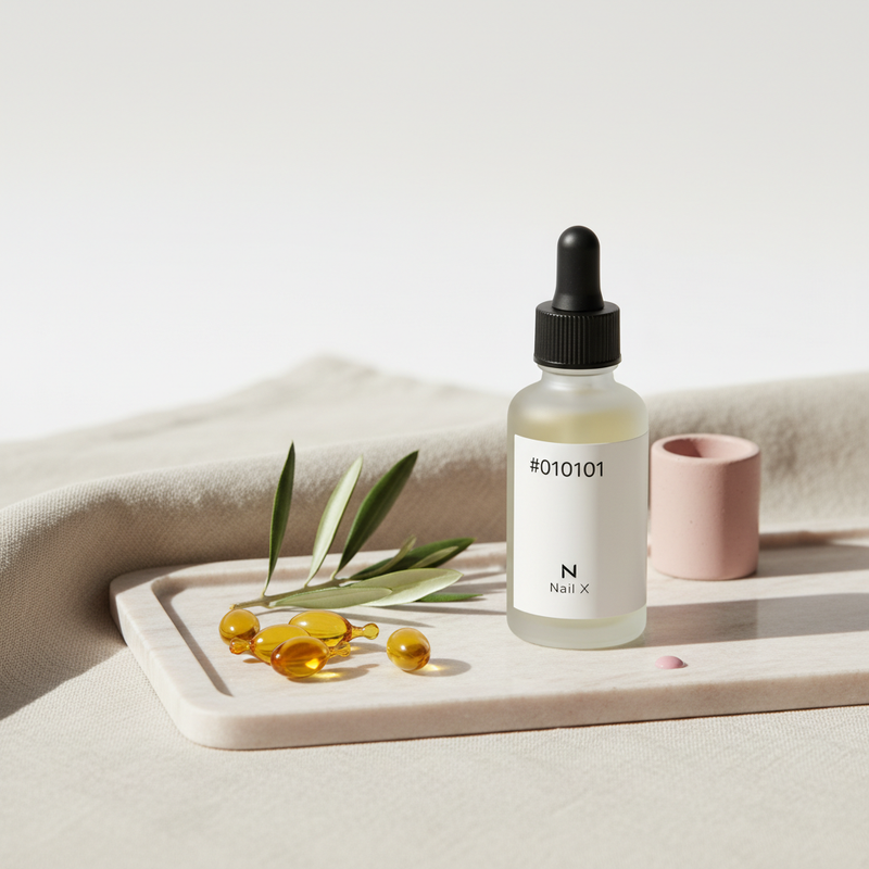 Matte Glasflasche Nagelhautöl auf hellem Marmor-Tablett mit Jojoba-Kapseln und Olivenzweig – minimalistisches Stillleben zum Thema Nägel weich machen