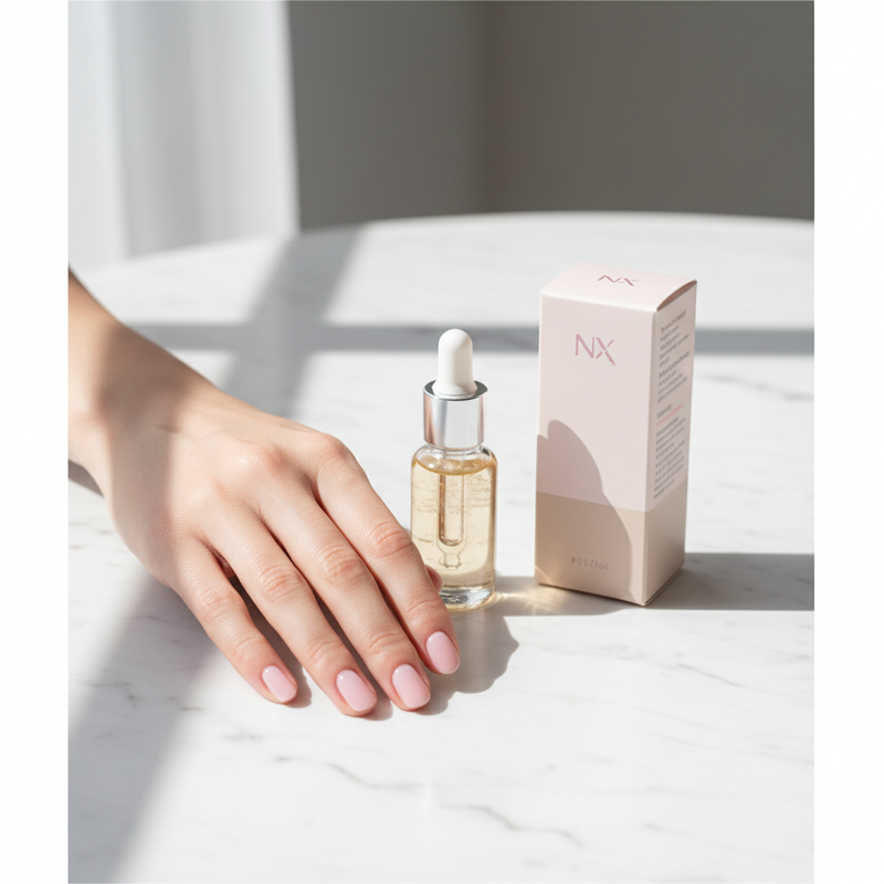 Nahaufnahme einer Hand auf weißem Marmor mit NailX Nagelöl und dezenter Produktreferenz, natürliche Fensterbeleuchtung und Pastell-Akzente — Nägel weich und dünn
