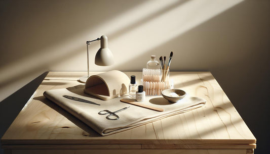 Aufgeräumter Maniküre‑Arbeitsplatz auf hellem Holztisch mit UV‑Lampe, Soft‑Gel‑Tips, Nagelöl und Pinsel – minimalistisch, feminin, Nägel zuhause machen