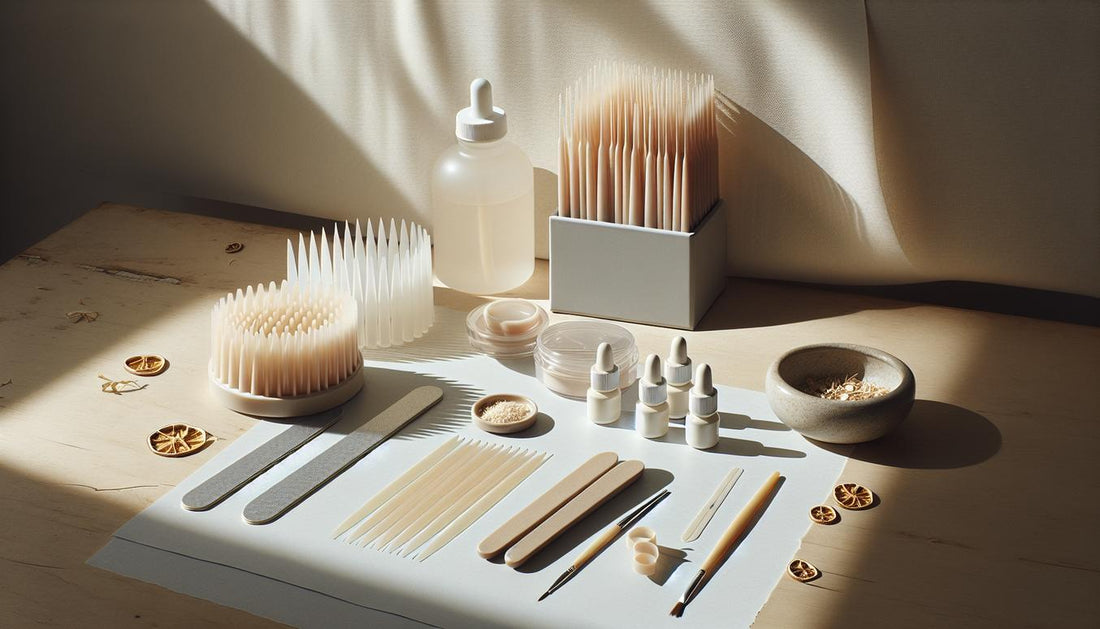 Minimalistische Nahaufnahme einer Arbeitsfläche mit geöffnetem Starter‑Kit, Feile, UV‑Gel‑Tiegel und mehreren Tips in verschiedenen Größen – nagel zum aufkleben