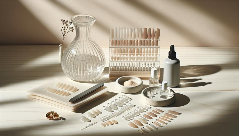 Flatlay mit sortierten Press-on-Nägeln (Full-Cover, Tips, Soft-Gel), Dehydrator und Nagelkleber auf hellem Holz – nagel zum aufkleben