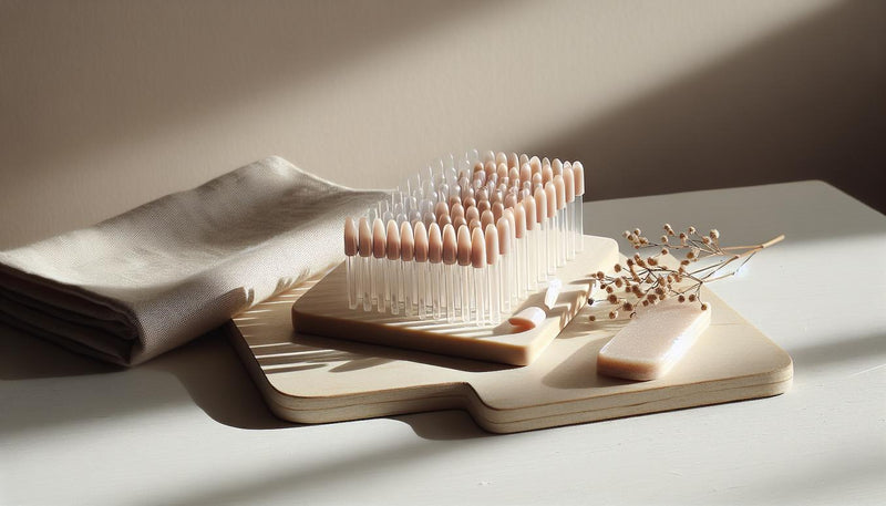 Nahaufnahme sortierter Gelly‑Tips als nagel zum aufkleben auf hellem Birkenholz, daneben Feile, Dehydrator‑Fläschchen und kleines Nagelöl, minimalistisches, helles Styling.