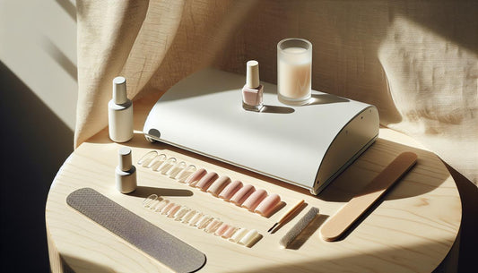 Minimalistisches Flatlay eines unmarkierten Gellack‑Starter‑Kits mit UV‑Lampe, Base & Top Gel und vorgeformten Tips – Nägel zum Aufkleben, hell und aufgeräumt.