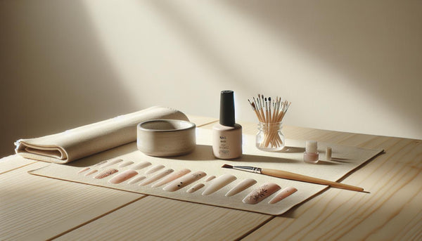 Minimalistische Nahaufnahme einer aufgeräumten Nagelarbeitsfläche mit geöffnetem Base-/Topcoat-Fläschchen und dekorativen Nagelaufklebern in Pink und Schwarz – nagelaufkleber gelnägel
