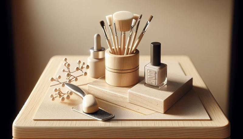 Aufgeräumter Maniküre‑Arbeitsplatz mit nagelbuffer, feinem Pinsel, kleinem Primer‑Fläschchen und geschlossener Box auf hellem Holz, dezente pinke Akzente.