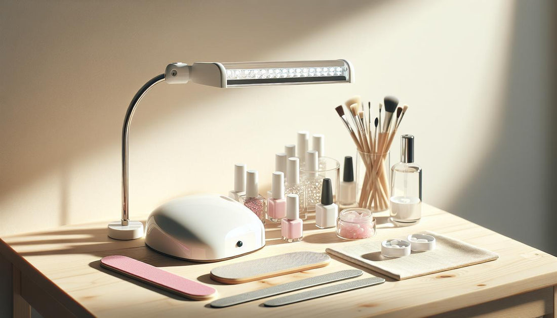 Minimalistischer, gut sortierter Maniküretisch mit UV/LED-Lampe, offenen Geltiegeln, Feilen, Pinseln und transparenter Box mit Soft Gel Tips – nageldesign anfaenger ausruestung