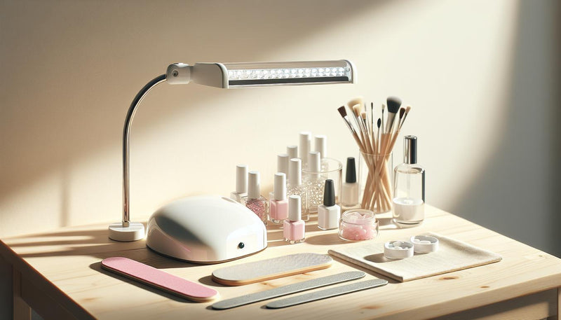 Minimalistischer, gut sortierter Maniküretisch mit UV/LED-Lampe, offenen Geltiegeln, Feilen, Pinseln und transparenter Box mit Soft Gel Tips – nageldesign anfaenger ausruestung