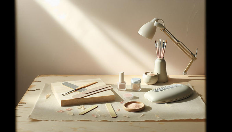 Aufgeräumte Arbeitsfläche mit Feilen, Pinseln, Lint‑free Wipes, kleinen Gele‑Döschen und kompakter UV/LED‑Lampe in heller NailX‑Ästhetik — nageldesign anfänger ausrüstung