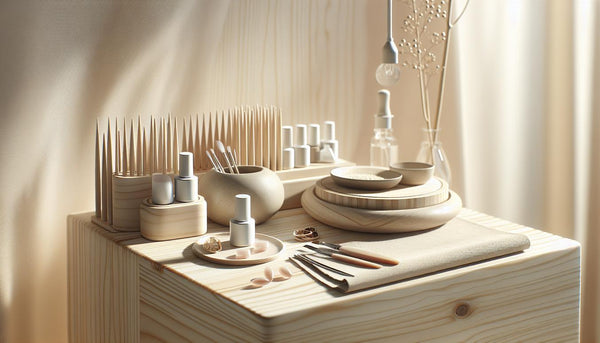 Minimalistische Messestand‑Station mit offenen Gel‑Dosen, Muster‑Boards und Keramikschale auf hellem Birkenholz, dezente Pink‑Akzente, nageldesign events 2025