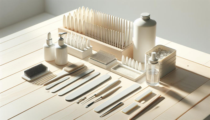 Nahaufnahme eines minimalistischen Nagelarbeitsplatzes mit Feilen, Buffer, Dehydrator‑Flasche, LED‑Lampe und geöffneten Soft‑Gel‑Tips auf hellem Birkenholz – nageldesign für anfänger