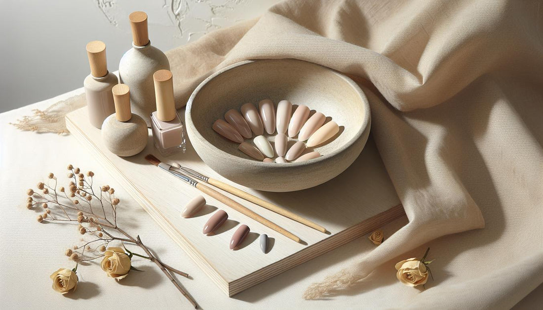 Fünf kurze Nude‑Nägel auf Keramikschale auf heller Birkenholzplatte, ein Nagel mit feinem Mini‑French, einer mit dezentem Glitter, sanftes Tageslicht — nageldesign für kurze nägel