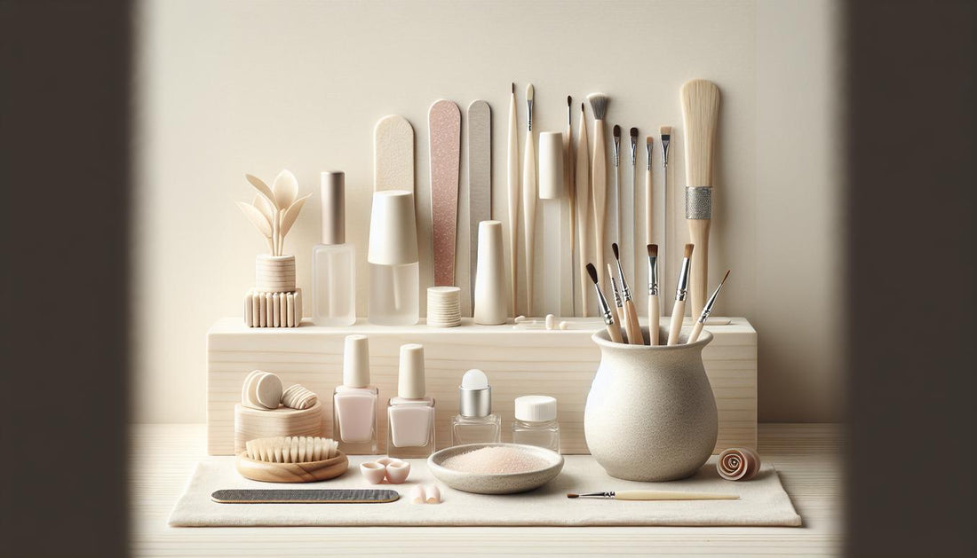 Minimaler, aufgeräumter nageldesign starterset-Arbeitsplatz: Feilen, Buffer, Rosenholzstäbchen, Glasfläschchen (Base & Top) und LED-Lampe auf hellem Holz.
