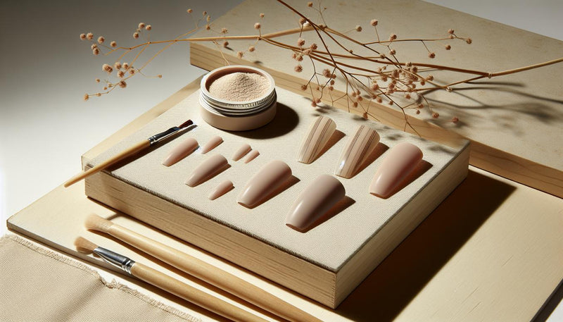 Nahaufnahme künstlicher Nägel auf sandfarbenem Hintergrund zeigt nageldesign trends 2025: Negative Space, Micro-French, samtmattes Finish und feiner Chrome-Akzent, Pinsel und Pigmentdose.