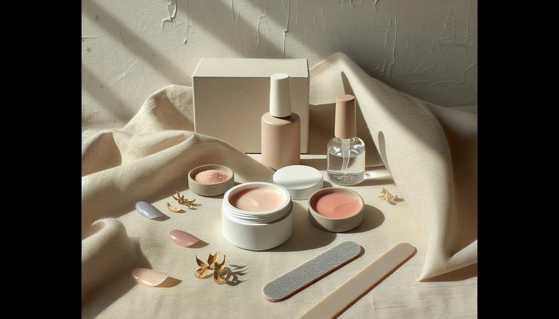 Flatlay mit drei geöffneten Gel‑Tiegeln (Rosé, Pfirsich, Lavendel) auf hellem Leinen, Nagelfeilen, Nagelöl und UV/LED‑Lämpchen — nagelfarben für helle haut