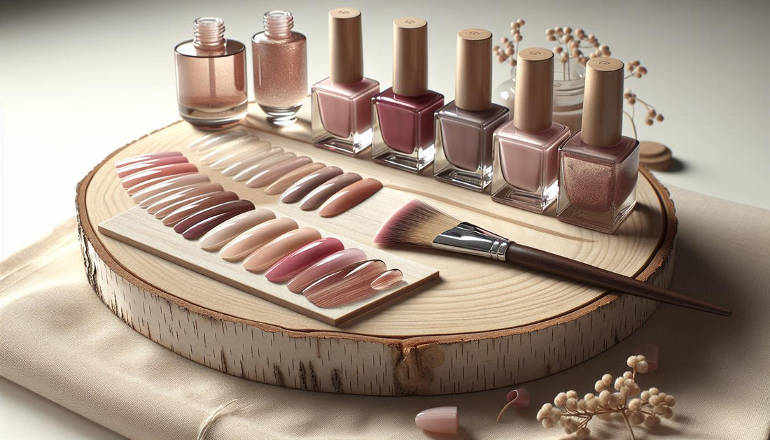 Mehrere geöffnete Gel-Nagellack-Fläschchen in Nude, Rosé, Beeren und Bordeaux mit fächerförmigen Swatches auf heller Birkenholzfläche, feiner Pinsel, Nagelfeile und Nagelöl — nagelfarben für reife haut