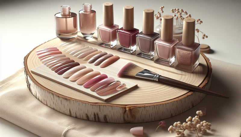 Mehrere geöffnete Gel-Nagellack-Fläschchen in Nude, Rosé, Beeren und Bordeaux mit fächerförmigen Swatches auf heller Birkenholzfläche, feiner Pinsel, Nagelfeile und Nagelöl — nagelfarben für reife haut