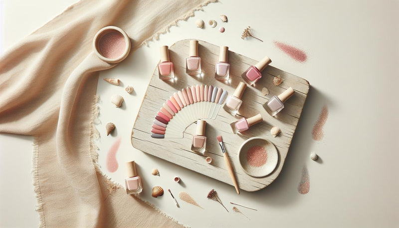 Flatlay mit Nagelfarbfächer und drei geöffneten Gel-Nagellack-Fläschchen in Pastell- und Beerentönen auf hellem Leinen mit Muscheln, minimalistisch, nagelfarben heller haut