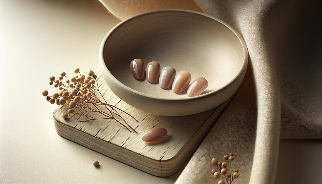 Fünf kurze, runde Press-on-Nägel in semitransparentem Pfirsich-Nude auf beigem Leinen und Steinzeugschale, dezenter Glanzstreifen, Nagelfarben kurze Nägel