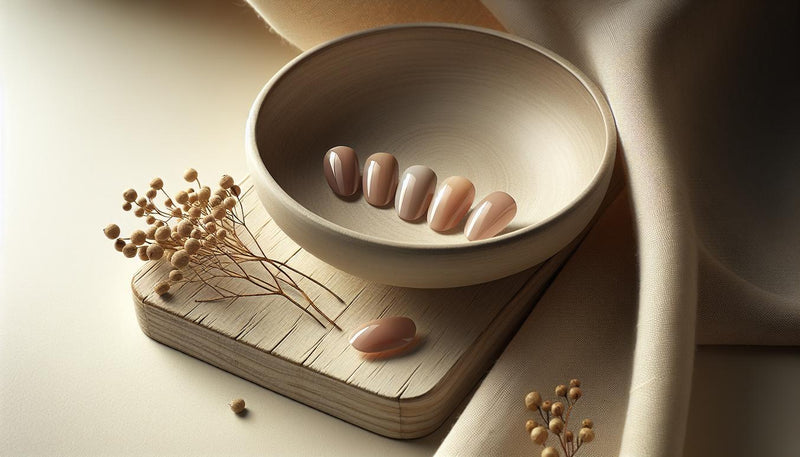 Fünf kurze, runde Press-on-Nägel in semitransparentem Pfirsich-Nude auf beigem Leinen und Steinzeugschale, dezenter Glanzstreifen, Nagelfarben kurze Nägel