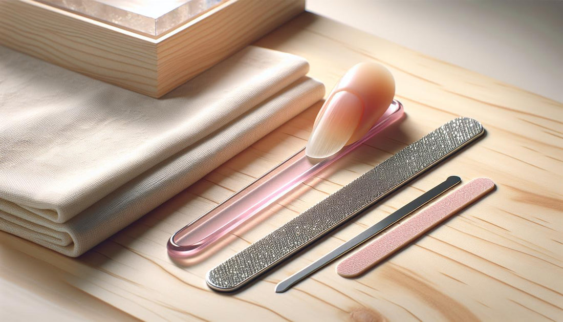 Nahaufnahme: drei Feilen (diamantbeschichtet, Glas, Einweg-Emeryboard) neben einer künstlichen Fußnagel-Tip auf hellem Birkenholz, dezente NailX-Akzente in Pink und Schwarz — Nagelfeile für dicke Fußnägel