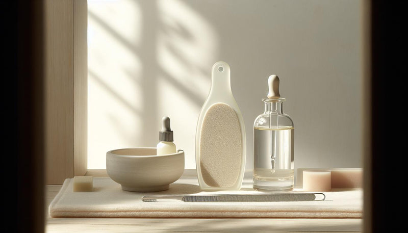 Nahaufnahme von Glas- und Keramikfeile auf hellem Handtuch mit Nagelöl und Buffer-Block, dezenter pinker Akzent, minimalistisch, nagelfeile