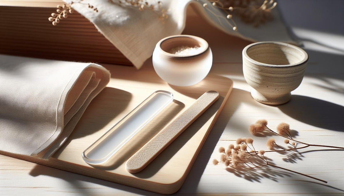 Close-up zweier Nagelfeilen (Glas und Keramik) auf hellem Holz mit feinem Nagelstaub, dezenter pinker Akzent und ruhiges, minimalistisches Flatlay.