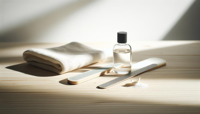 Nahaufnahme einer Glas-Nagelfeile auf hellem Holz mit geöffnetem Nagelöl und kleinem Handtuch, minimalistischer, heller NailX-Stil – Nagelfeile im Fokus.