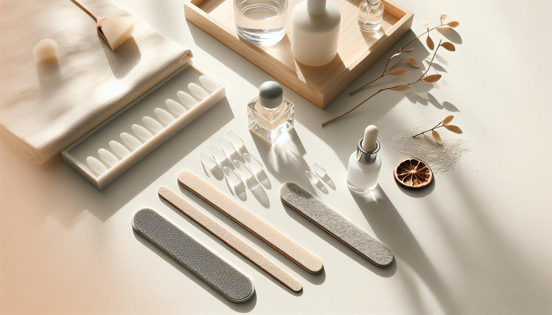 Flatlay-Nahaufnahme: zwei Sets vorgefertigter Nageltips (eckig & rund), drei Feilen (grobe bis feine Körnung), Nagelöl & Top Coat auf hellem Holz. nagelfeilen anleitung