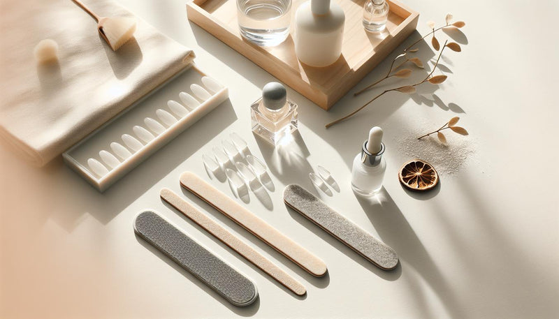 Flatlay-Nahaufnahme: zwei Sets vorgefertigter Nageltips (eckig & rund), drei Feilen (grobe bis feine Körnung), Nagelöl & Top Coat auf hellem Holz. nagelfeilen anleitung