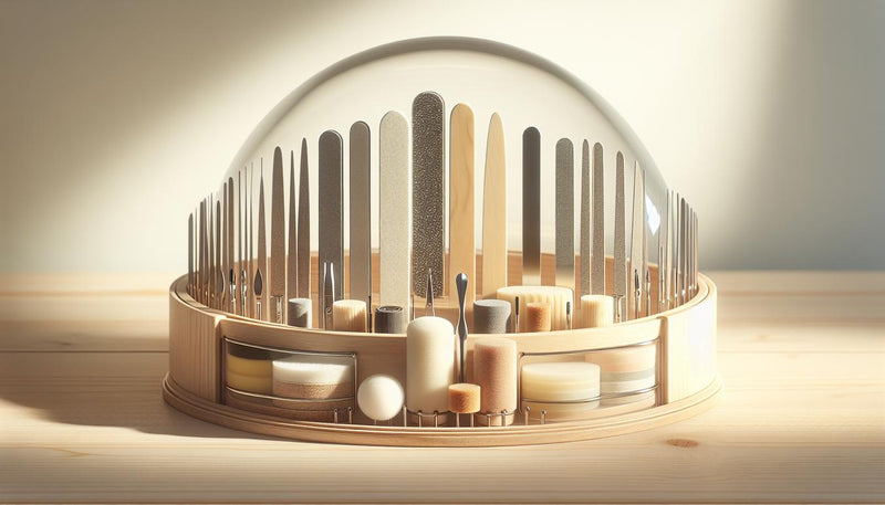 Nahaufnahme eines minimalistischen Nagelarbeitsplatzes auf hellem Holz mit verschiedenen nagelfeilen, E‑File‑Bits im Organizer, Staubabsauger, UV‑Lampe und Buffer‑Blöcken