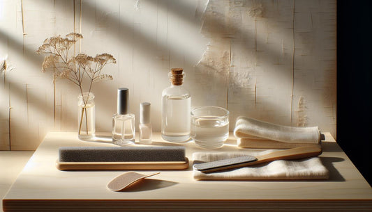 Close-up Glasfeile, mittlere Körnung, Nagelölfläschchen und weiches Tuch auf hellem Holz im natürlichen Licht – nagelfeilen techniken