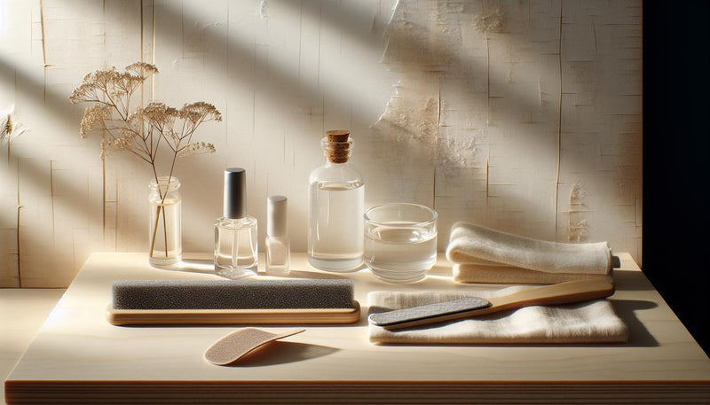 Close-up Glasfeile, mittlere Körnung, Nagelölfläschchen und weiches Tuch auf hellem Holz im natürlichen Licht – nagelfeilen techniken