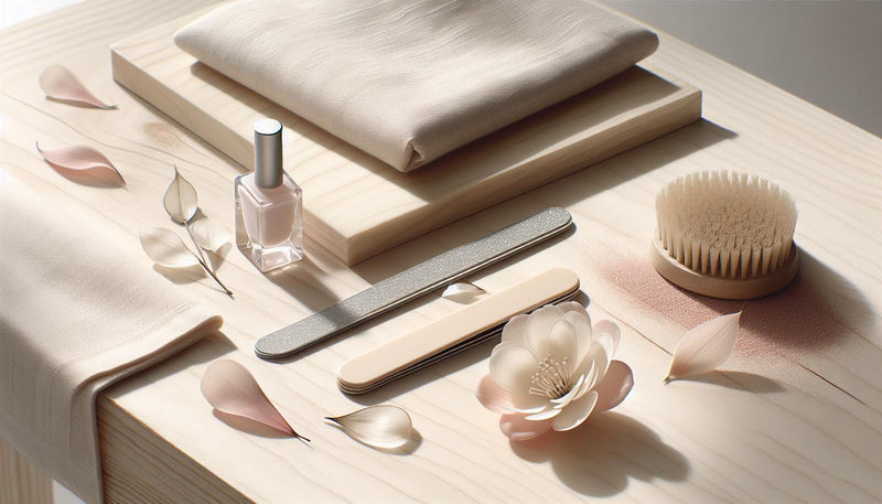 Nahaufnahme eines gepflegten Nageltisches mit Glasfeile, Keramikfeilen-Set, Buffer und Tropfen Nagelöl auf hellem Birkenholz – nagelfeiler im minimalistischen NailX-Stil.