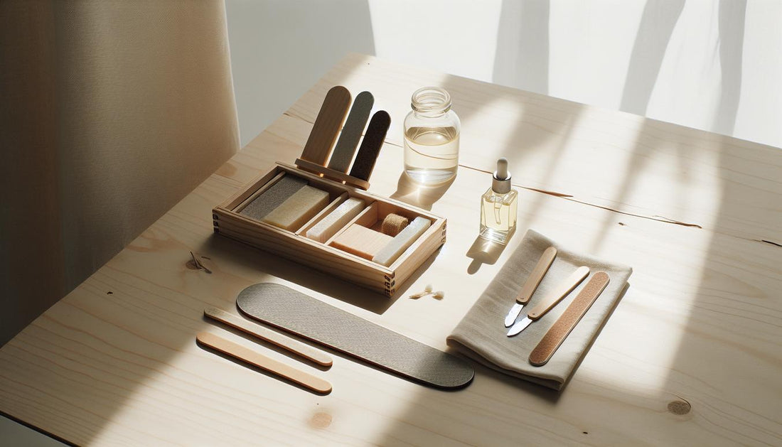Nahaufnahme auf hellem Holztisch: drei Nagelfeiler (fein, mittel, Buffer), Cuticle-Oil-Fläschchen, Leinentuch und offenes Starterkit, minimalistisches Layout, nagelfeiler