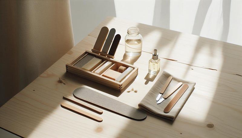 Nahaufnahme auf hellem Holztisch: drei Nagelfeiler (fein, mittel, Buffer), Cuticle-Oil-Fläschchen, Leinentuch und offenes Starterkit, minimalistisches Layout, nagelfeiler