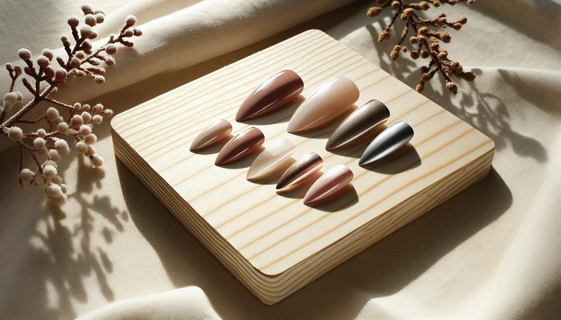 Nahaufnahme arrangierter Nagel‑Tips (Oval, Mandel, Squoval, Coffin, Kurz‑Stiletto) mit Glanz, Matt und Metallic auf hellem Holz, dezente Tannenzweige und rote Beeren – Nagelform 2025