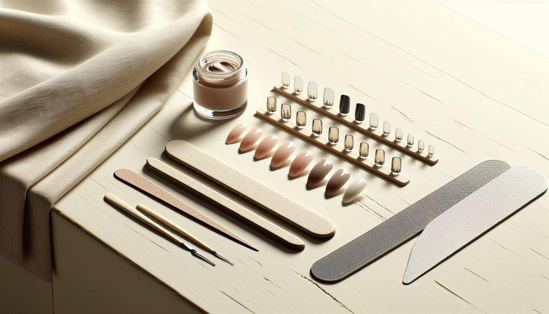 Helles Flatlay mit vier Nagelform-Sets (Almond, Coffin, Squoval, Stiletto) in Nude- und Rosétönen auf Birkenholz, Feile, Pinsel und offene weiße Dose mit Puder – Nagelform 2025