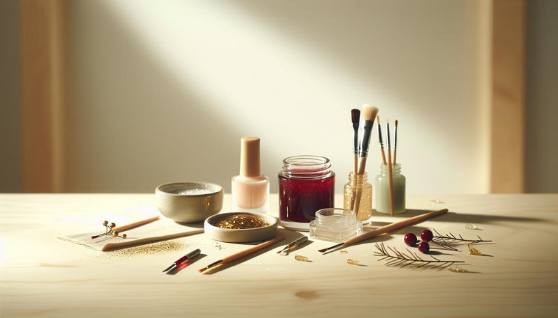 Minimalistische Nahaufnahme einer Nail-Station zur Nagelform: offene Gel-Töpfchen (tiefrot, beerig, tannengrün), Pinsel, Goldfolie und Glitzer auf hellem Holz.