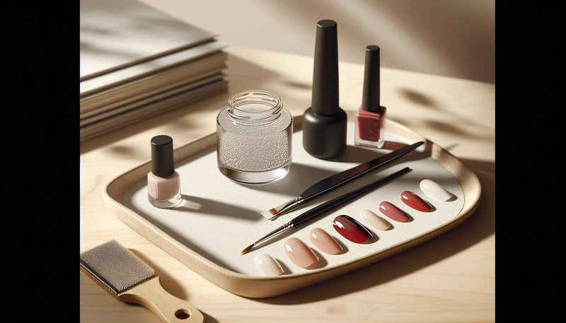 Minimalistisches Close-up: Probe-Tips mit nagelform für rote nägel (oval, almond, squoval, coffin, stiletto) auf hellem Holz, dezente rosa Akzente.