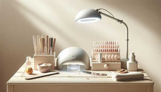 Minimalistische Nail‑Station auf hellem Birkenholz mit UV/LED‑Lampe, Feilen, Gloss‑Topcoat und neutralen Soft‑Gel‑Tips in Reihen – nagelform schlank wirken