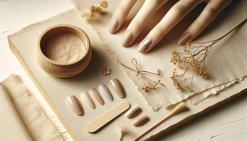 Nahaufnahme arrangierter Ballerina-Press-On-Nägel in warmen Nude-Tönen mit feiner Silberlinie, matte und glänzende Bereiche auf hellem Holz, dezenter rosa Akzent – Nagelformen 2025